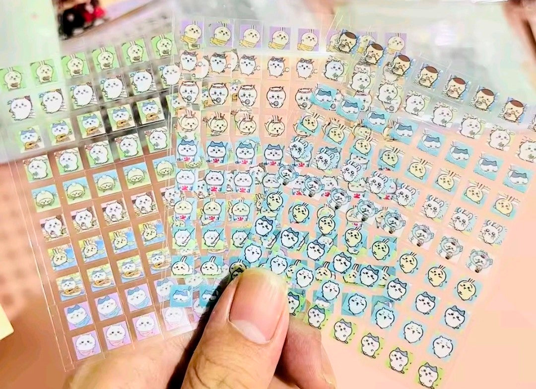 Clear-back sticker sheet featuring cute animal stickers on blue and yellow rows