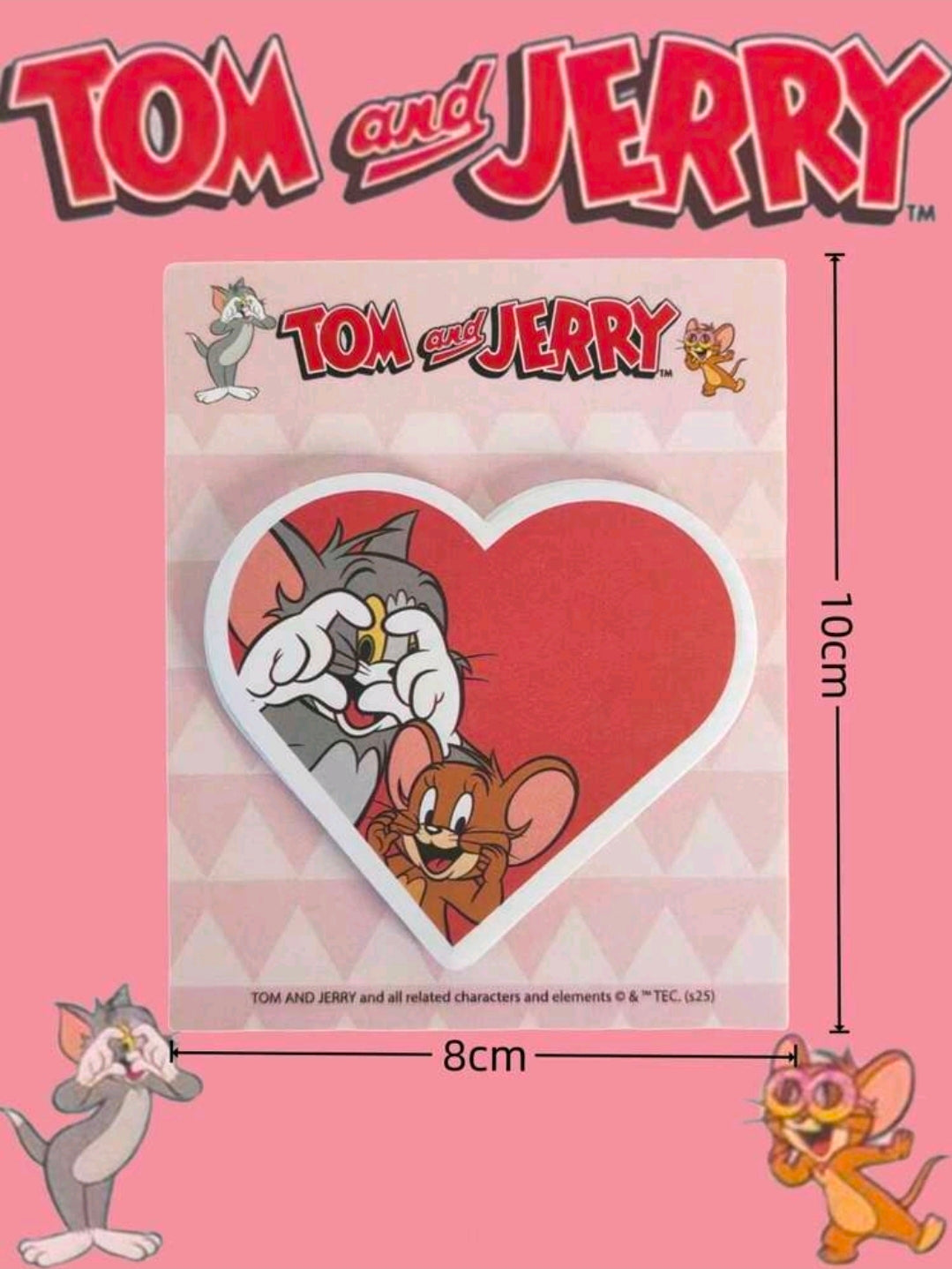 Red heart-shaped Tom and Jerry sticky note pad with character artwork on the cover