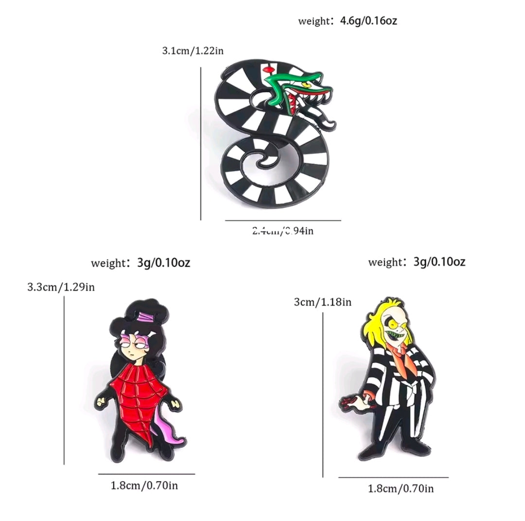 Beetlejuice Enamel Pins 3pc Set Lydia Beetlejuice Sandworm Licensed