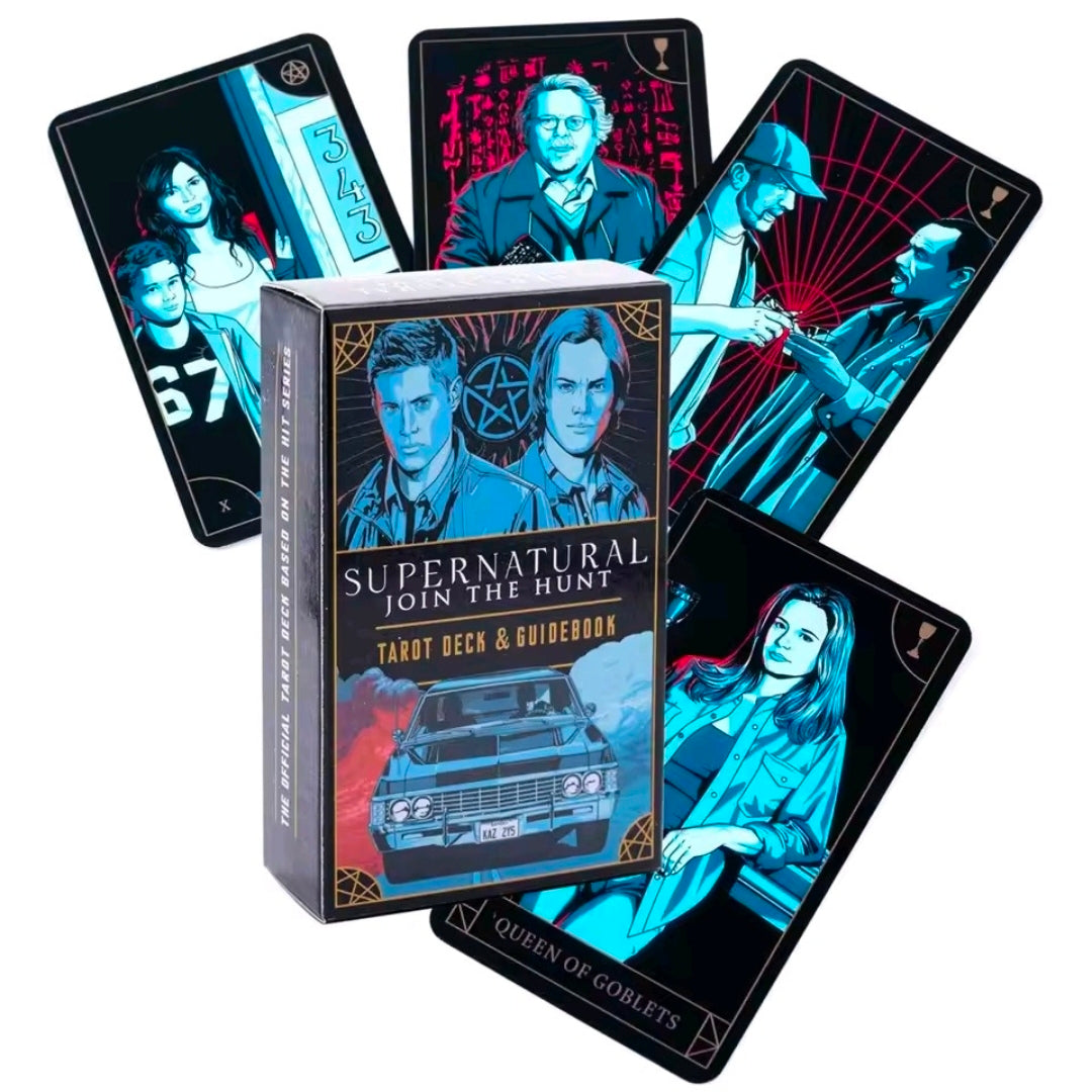 Tarot deck box with tarot cards spread, blue neon portraits and car graphic