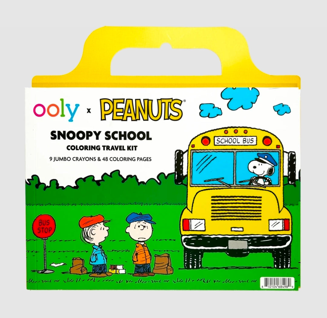 Coloring travel kit box with Snoopy School bus graphic and 9 crayons