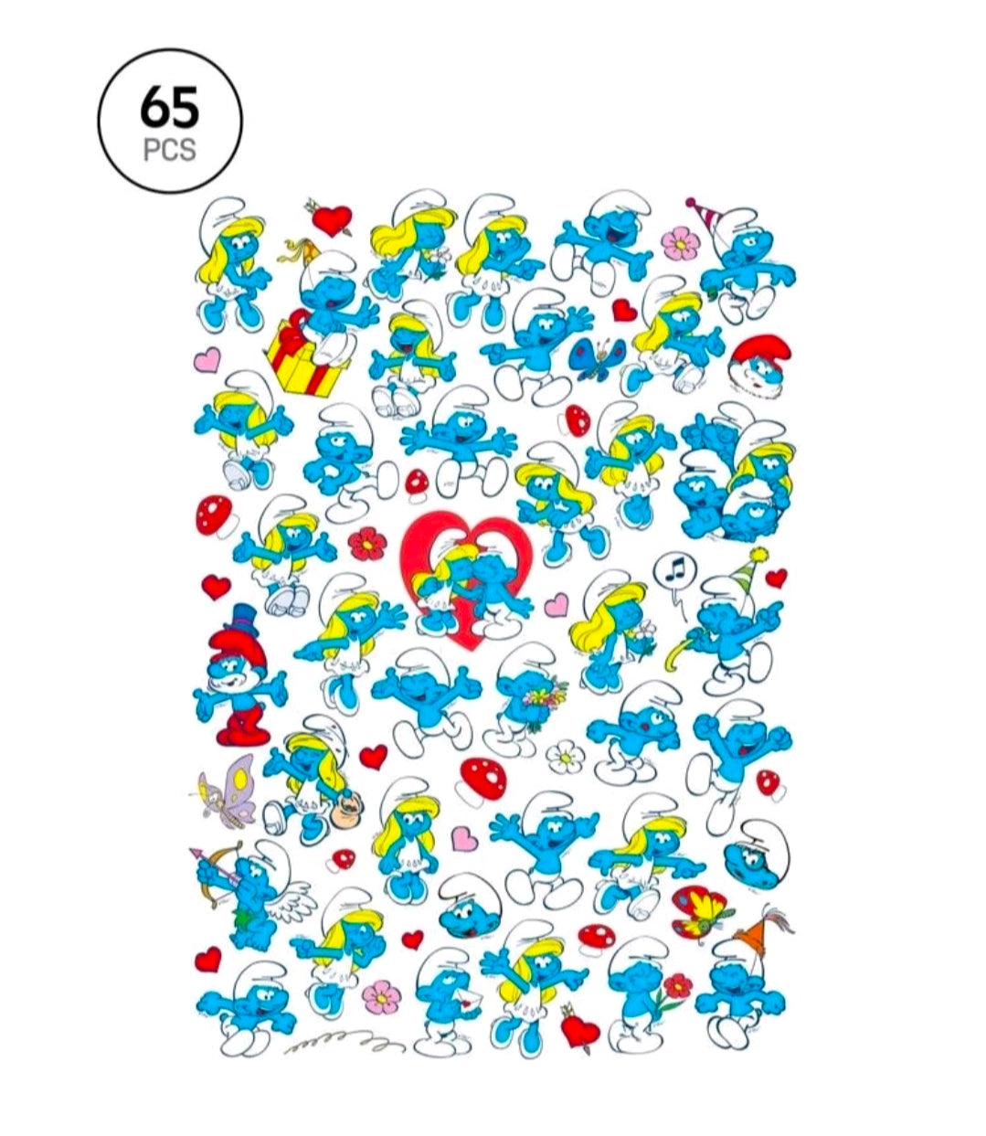 65-piece Smurfs vinyl decal sticker set with assorted character and heart designs