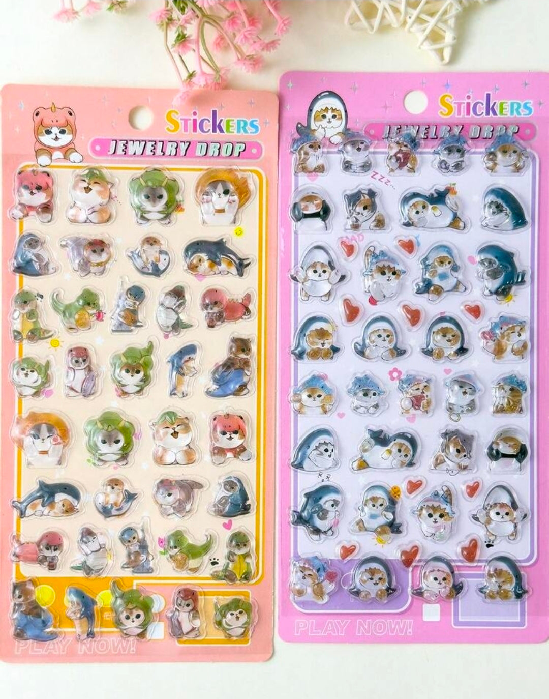 Cat jewelry drop puffy sticker sheet, pink board with assorted cat charms and hearts