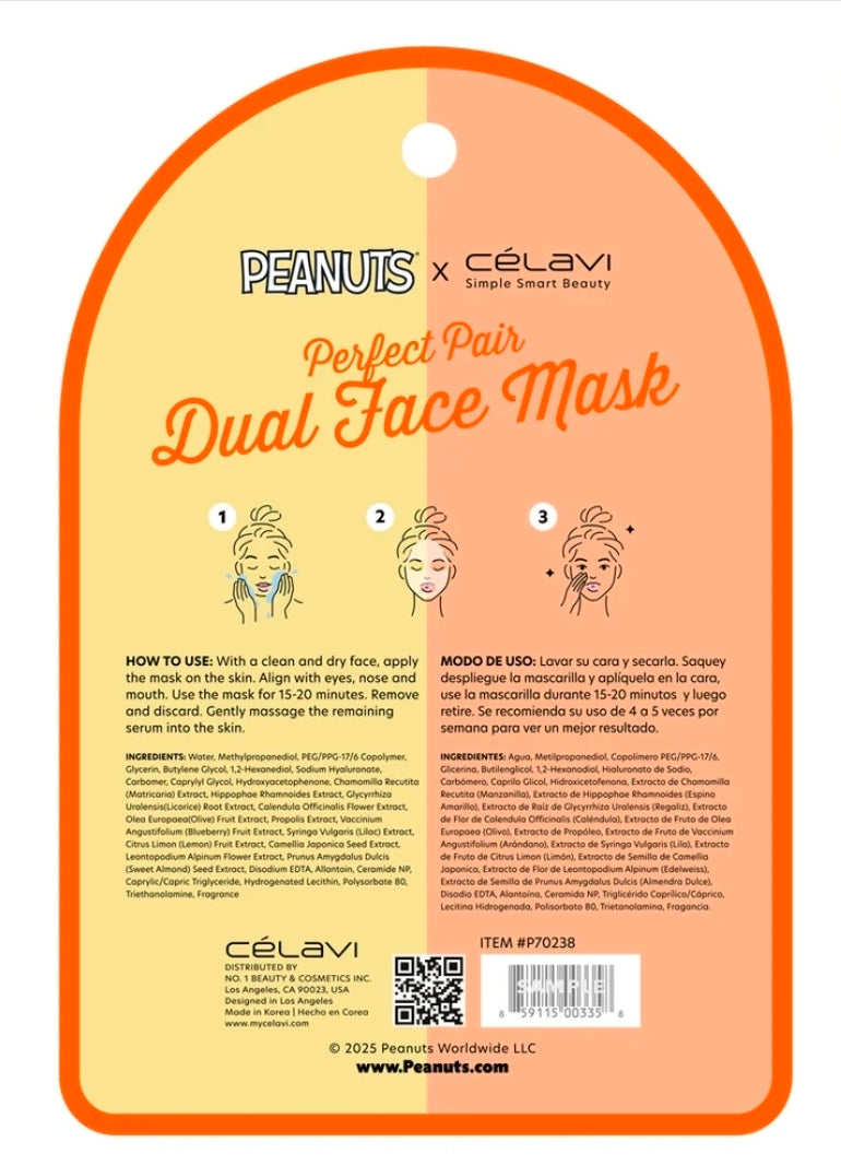 Peanuts x Celavi dual face mask package card with yellow and peach color blocks