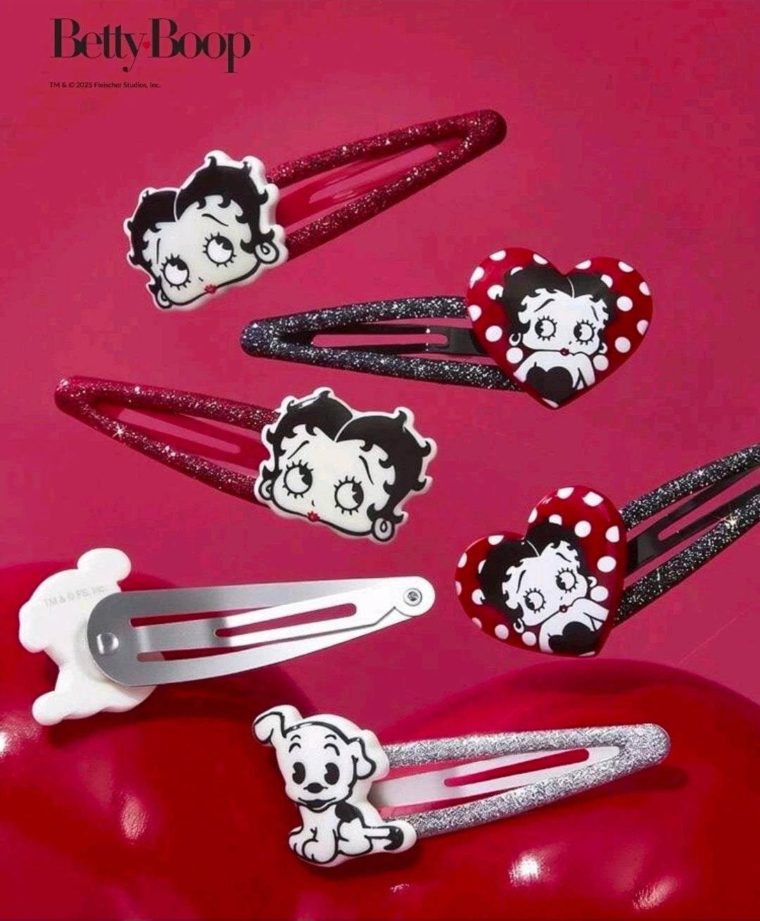 Glitter hair clips set: character face and heart clips in dark red and silver