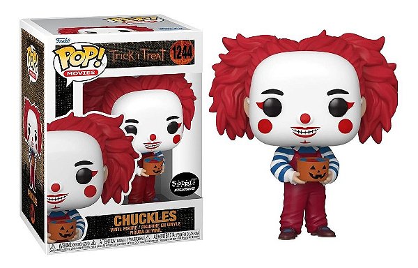 Funko Pop! Chuckles vinyl figure with red wig, striped shirt, holding a jack-o-lantern