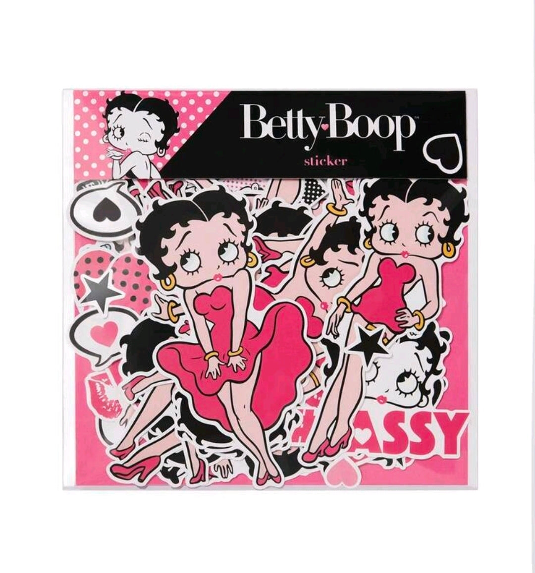 Betty Boop pink vinyl sticker pack card with pin-up girls, hearts, and black icons