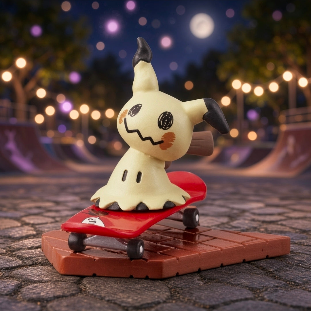 Mimikyu mini figure on red skateboard, on orange-brown brick base