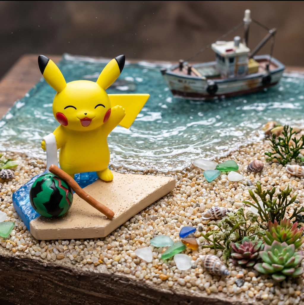 Yellow Pikachu seaside mini figure sitting on sand base with blue water and beach ball