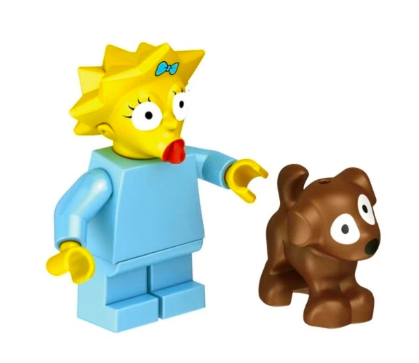 Maggie mini brick figure in light blue outfit with brown dog