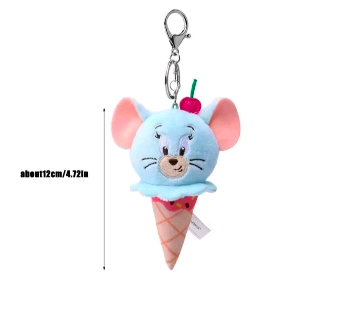 Light-blue plush ice cream cone keychain with cherry top and metal hook