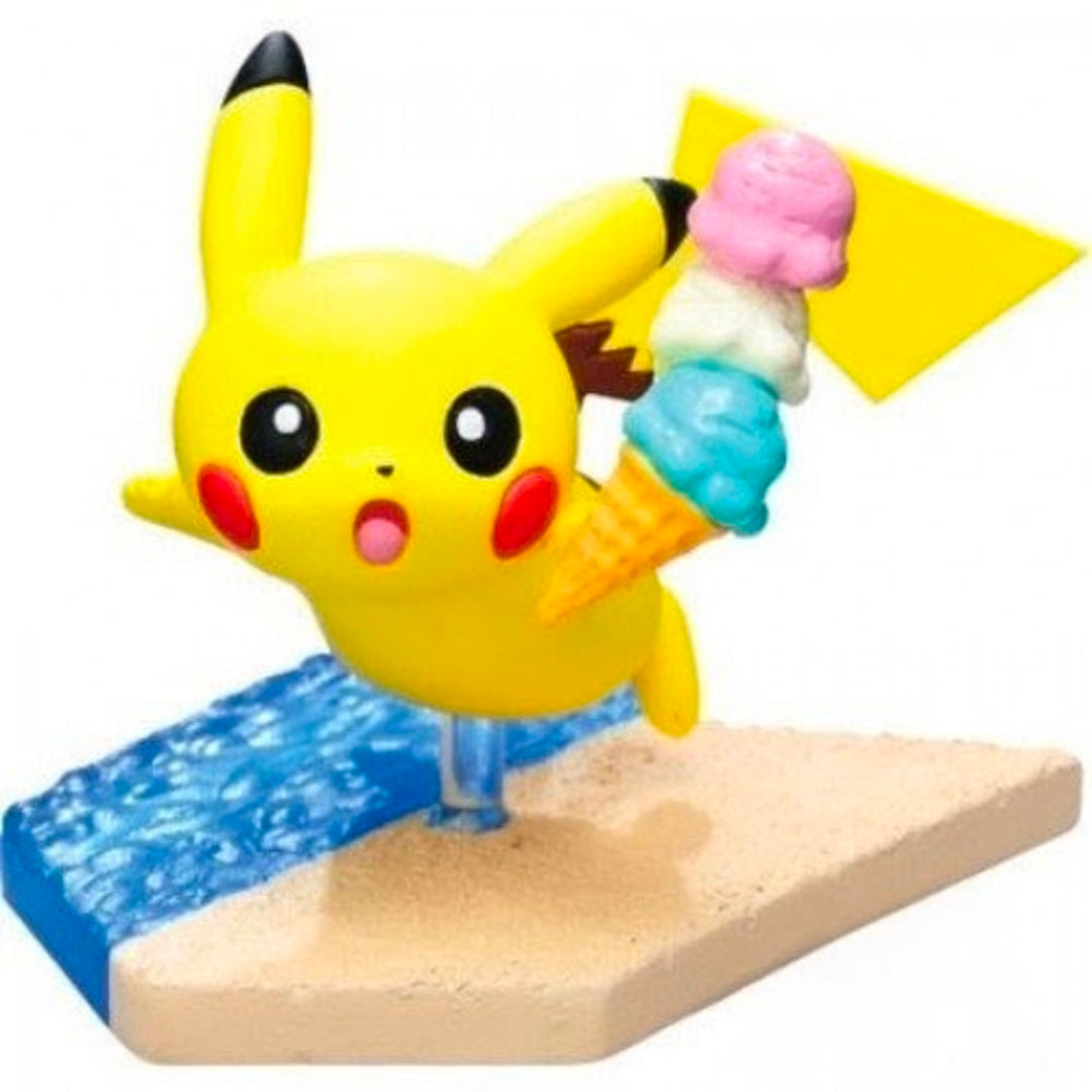 Seaside mini figure: yellow Pikachu on blue mat with pink ice-cream popsicle accessory
