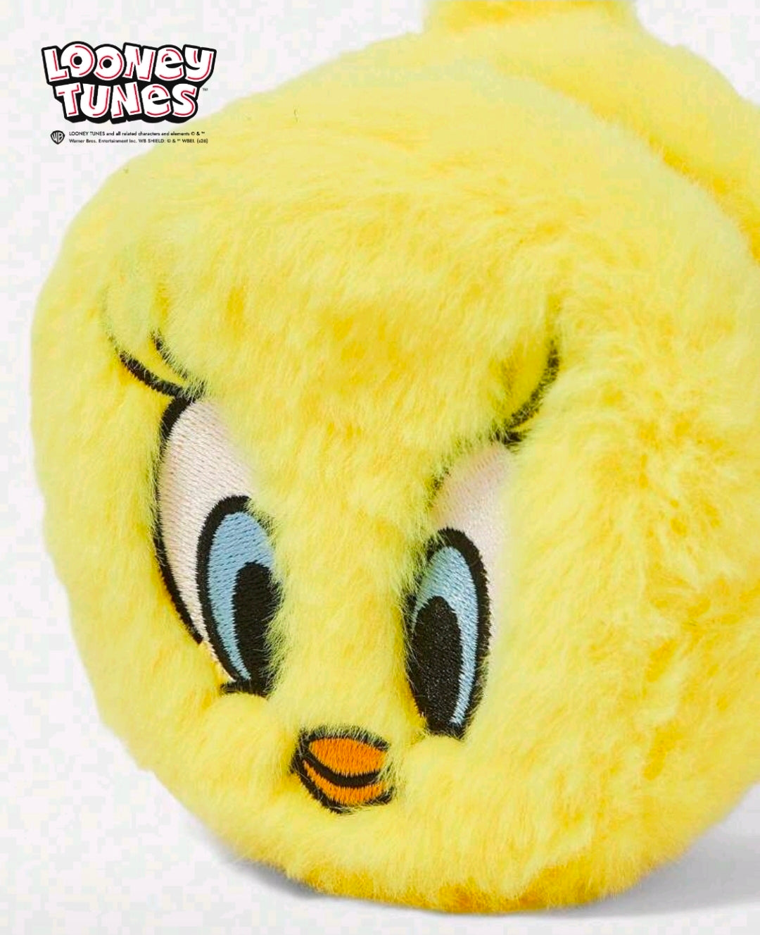 Yellow Tweety plush coin pouch keychain close-up of embroidered face