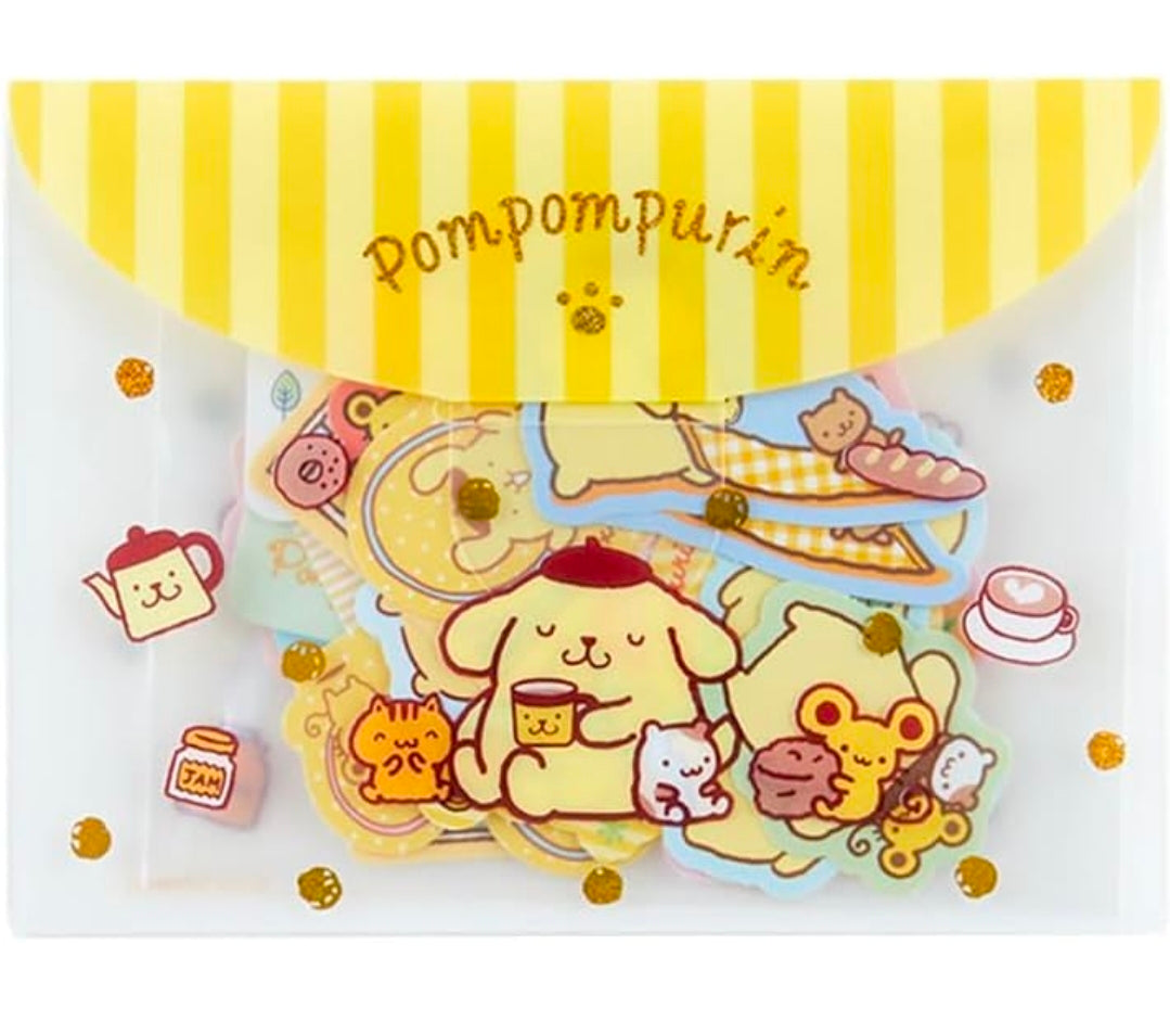 Pompompurin die-cut sticker flakes sheet with cozy characters and striped accents