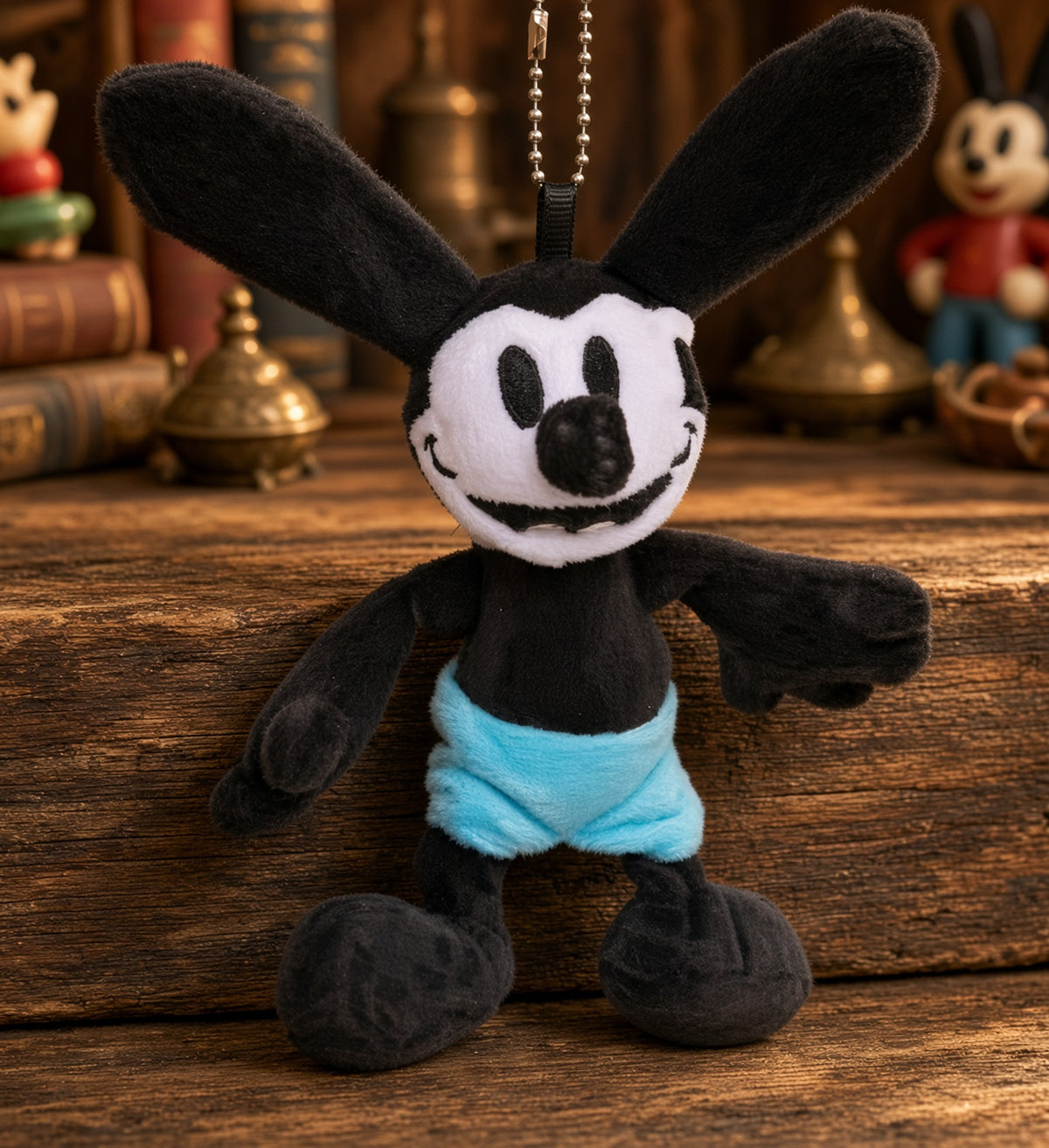 Oswald Lucky Rabbit mini plush keychain rabbit standing with blue shorts and dangling chain