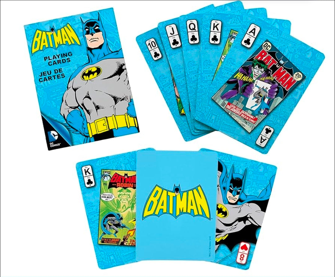 Playing cards deck with comic-style faces and blue Batman card backs