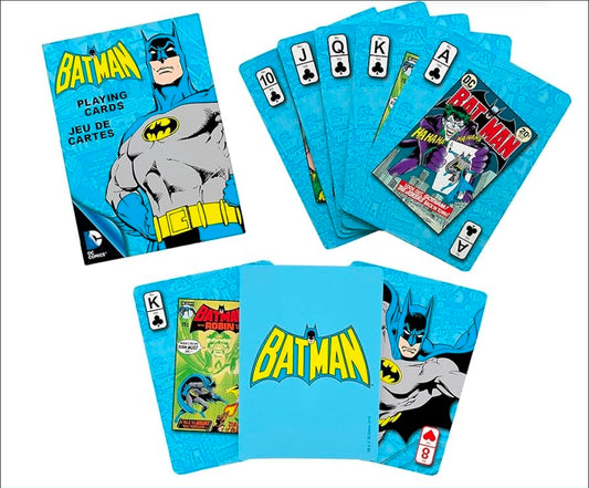 Playing cards deck with comic-style faces and blue Batman card backs