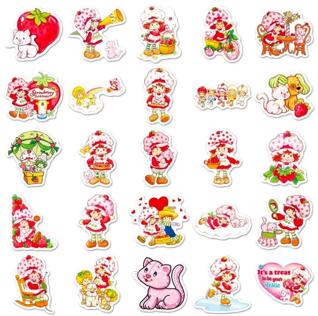 Sheet of vinyl die-cut stickers with strawberry characters and animals in separate pieces