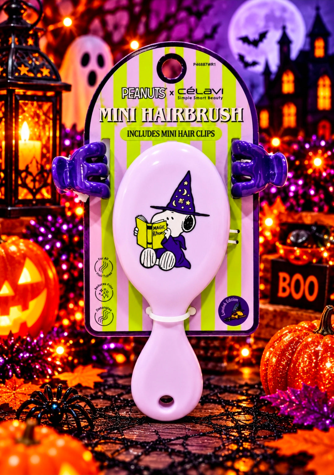 Mini hairbrush with witch Snoopy graphic; Peanuts x Celavi includes hair clips.