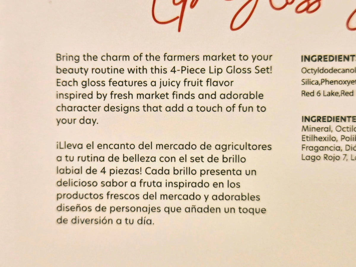 4-piece fruit lip gloss set card with product description and ingredient list text