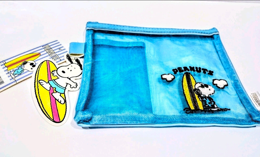 Blue mesh zipper pouch with Snoopy surfing and PEANUTS graphic on the front