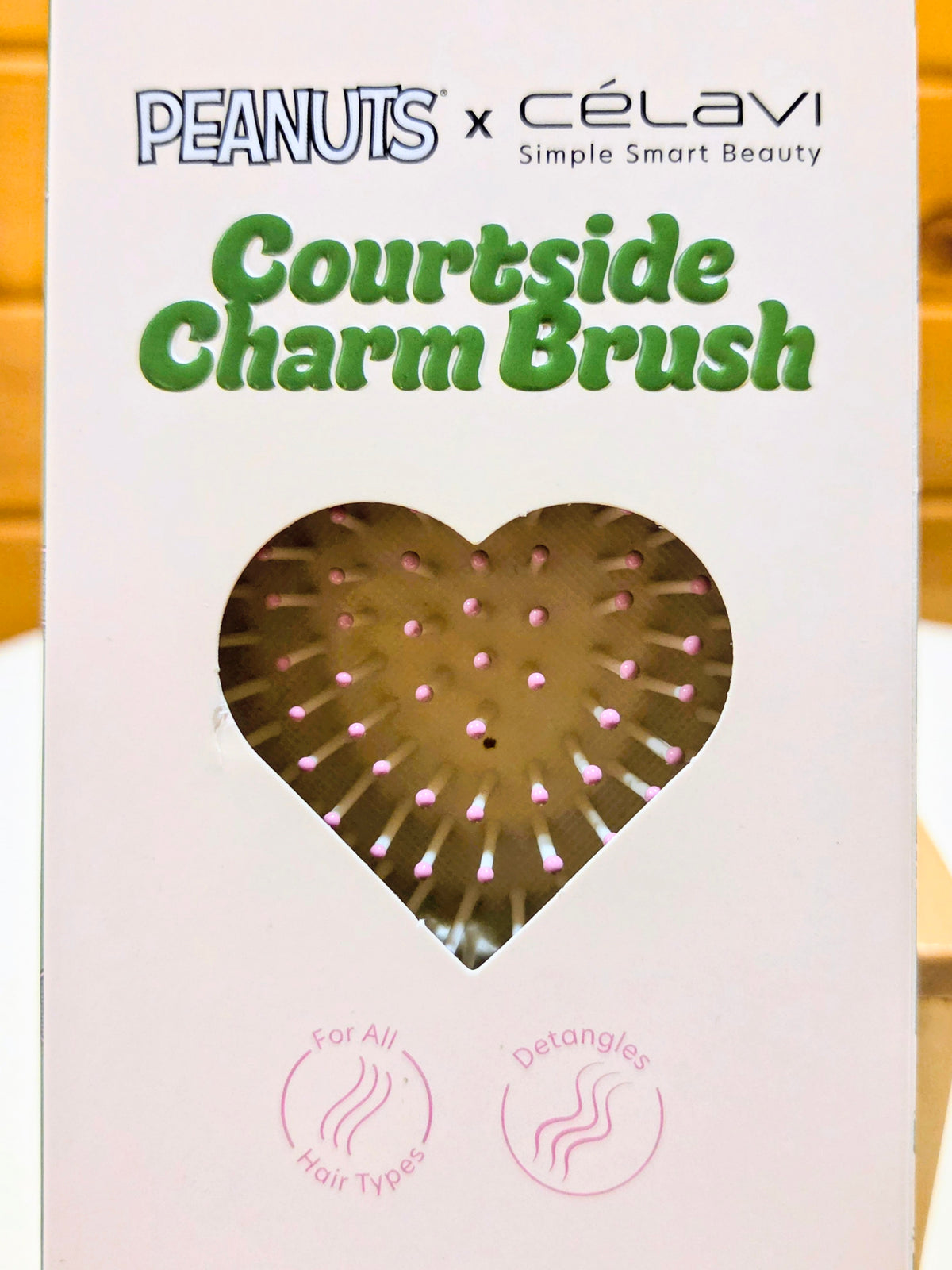 Snoopy-themed charm hairbrush box with heart window and removable charm icons