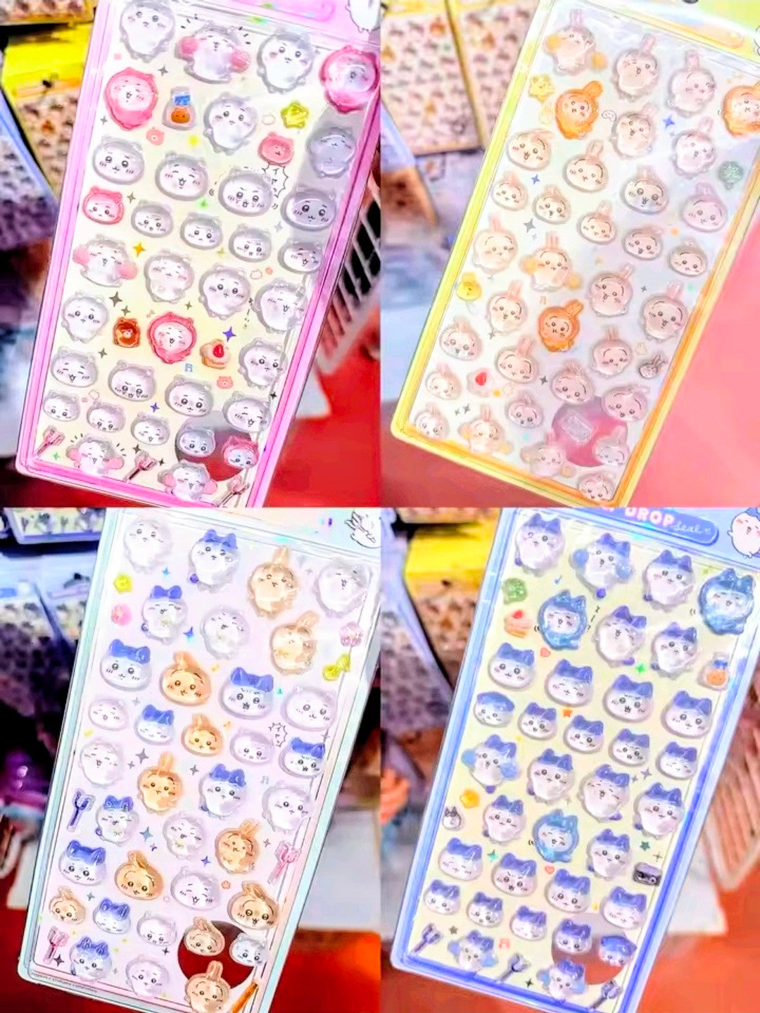 Close-up stack of Chiikawa Bon Bon Drop 3D acrylic sticker sheets in pink and yellow