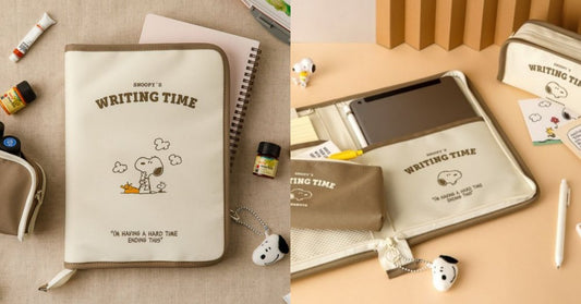 Beige writing time portfolio set with spiral notebook cover, Snoopy print, and accessories