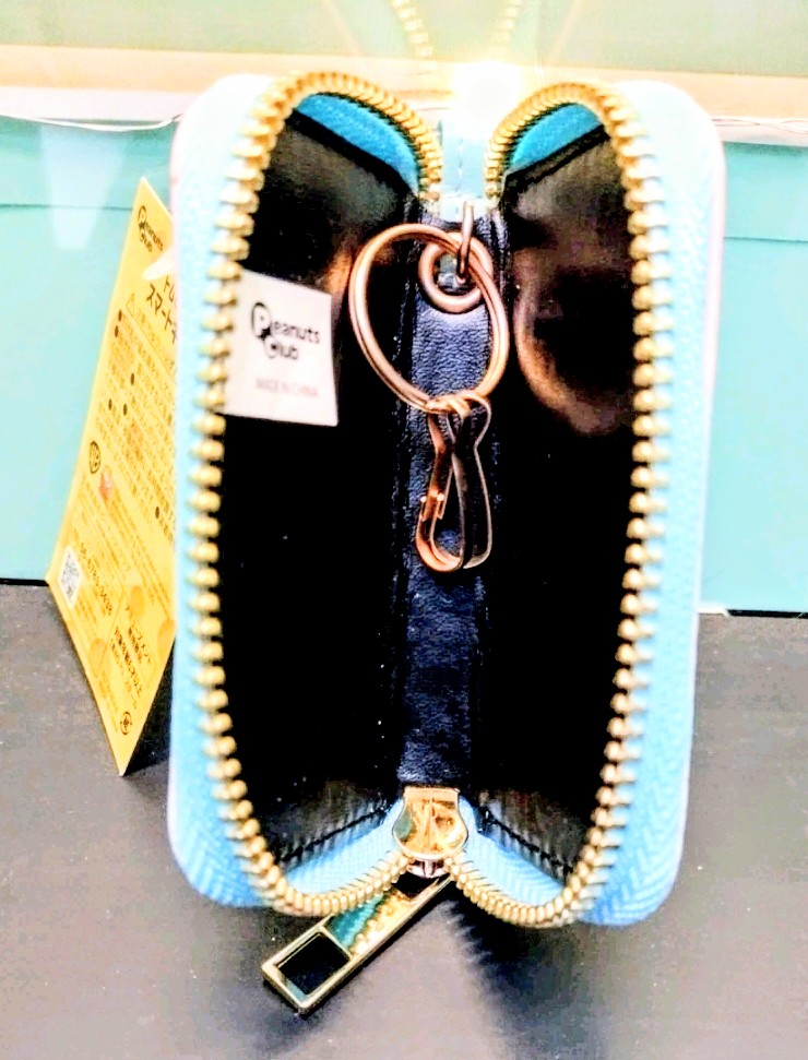 Blue-lined smart key case with metal key clip and copper ring at top