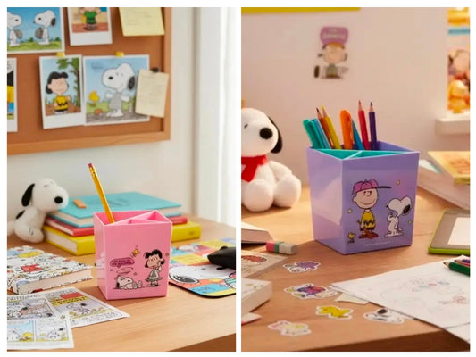 Pink 3-compartment pen holder desk organizer with Snoopy and Peanuts character art
