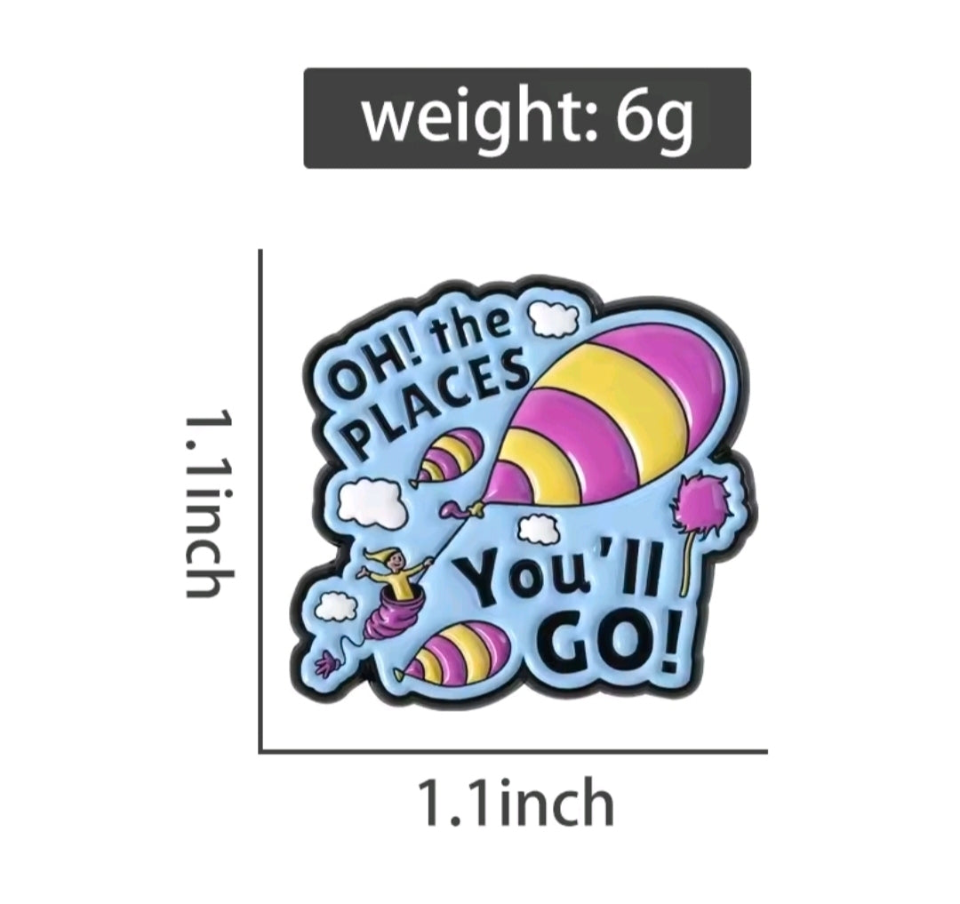 Oh the Places You'll Go! enamel pin with size markings: 1.1 in.
