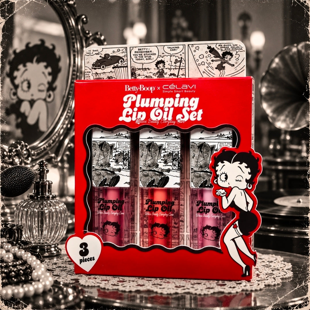 Betty Boop x Celavi Plumping Lip Oil Trio Classic Cocoa Blushing Nude Peony