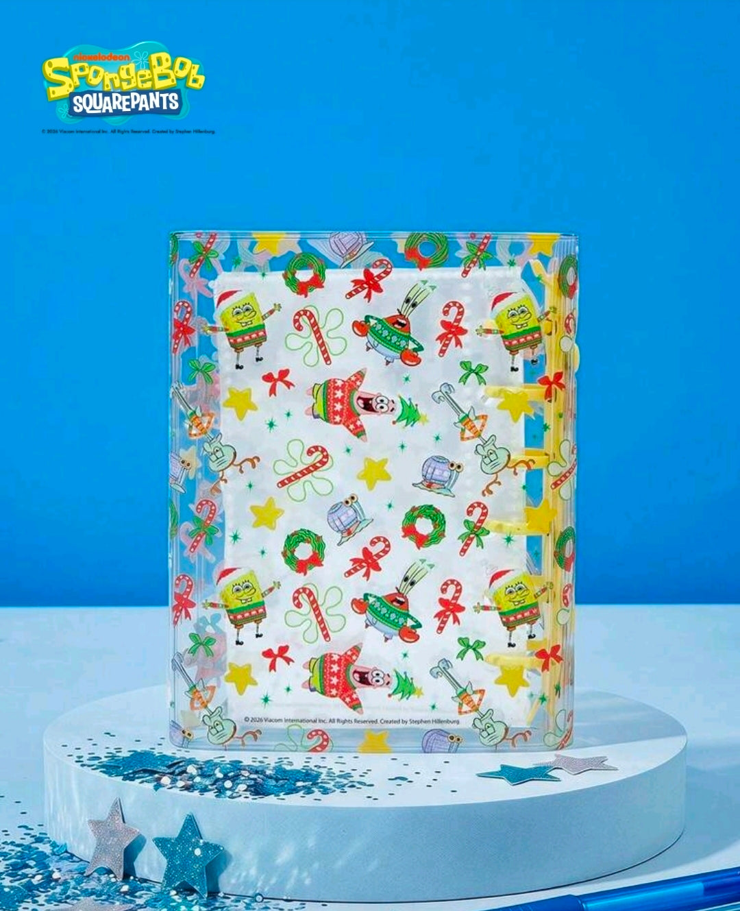 Christmas SpongeBob SquarePants 6-ring photo album, front cover with cartoon holiday icons
