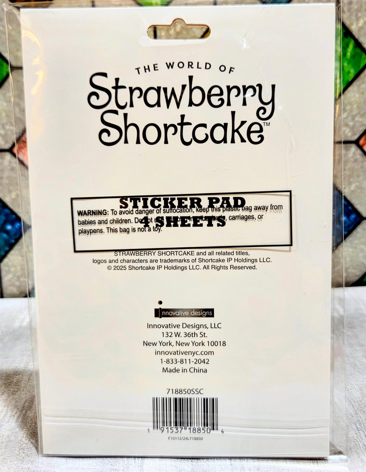 Strawberry Shortcake sticker pad backing card with barcode and sticker info