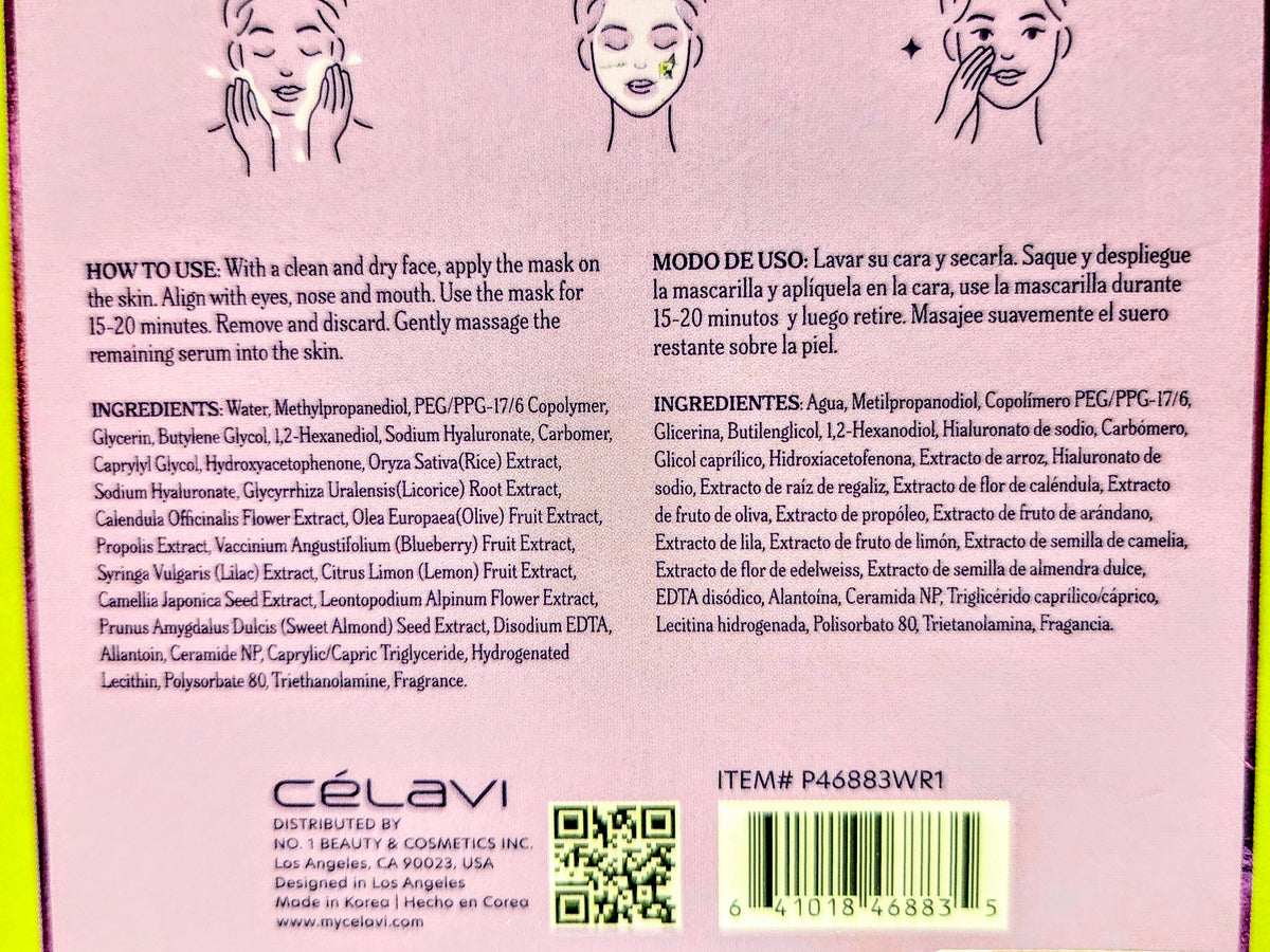 Hydrating face sheet mask back with barcode and item number on pink packaging