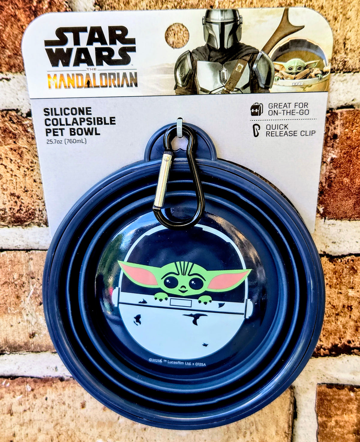 Mandalorian silicone collapsible pet bowl with blue bowl and carabiner-style release clip