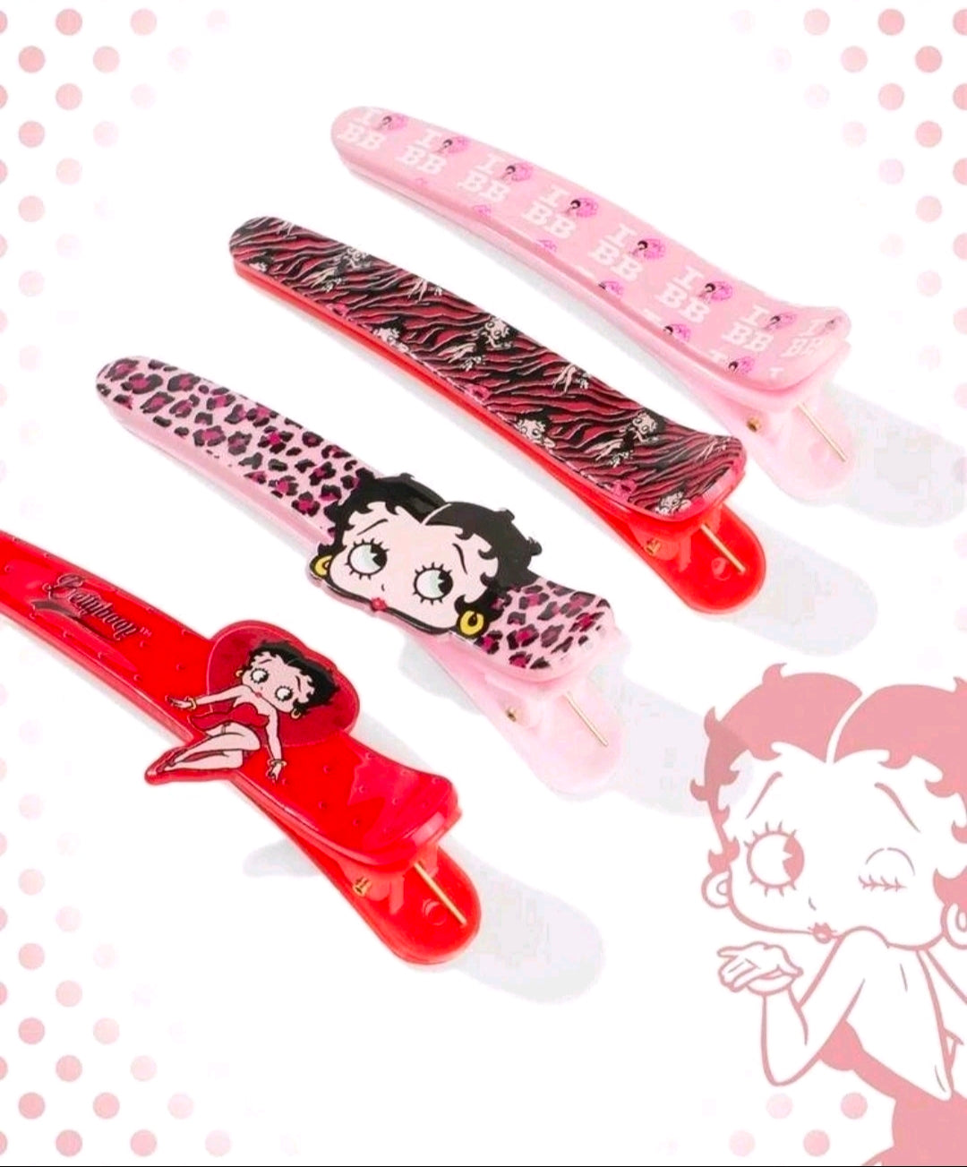 Assorted character hair clips in red, pink, leopard, and zebra patterns