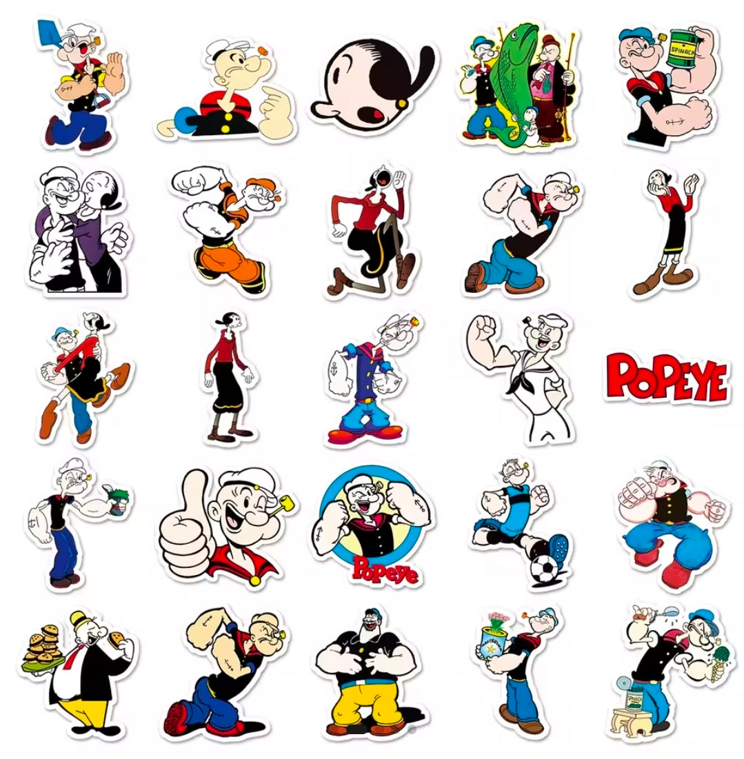 Sheet of Popeye vinyl stickers with multiple characters in rows, assorted colors