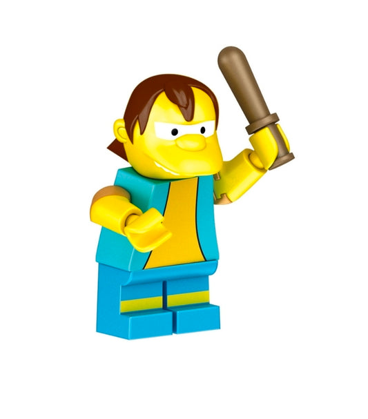 Nelson super hero mini brick figure in teal outfit holding a brown hammer