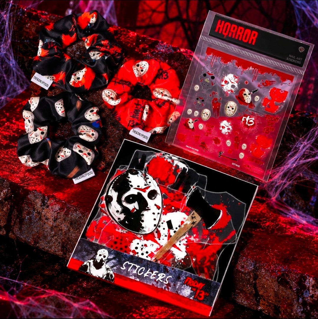 Hair scrunchie set and horror nail art sticker sheets with red and black designs