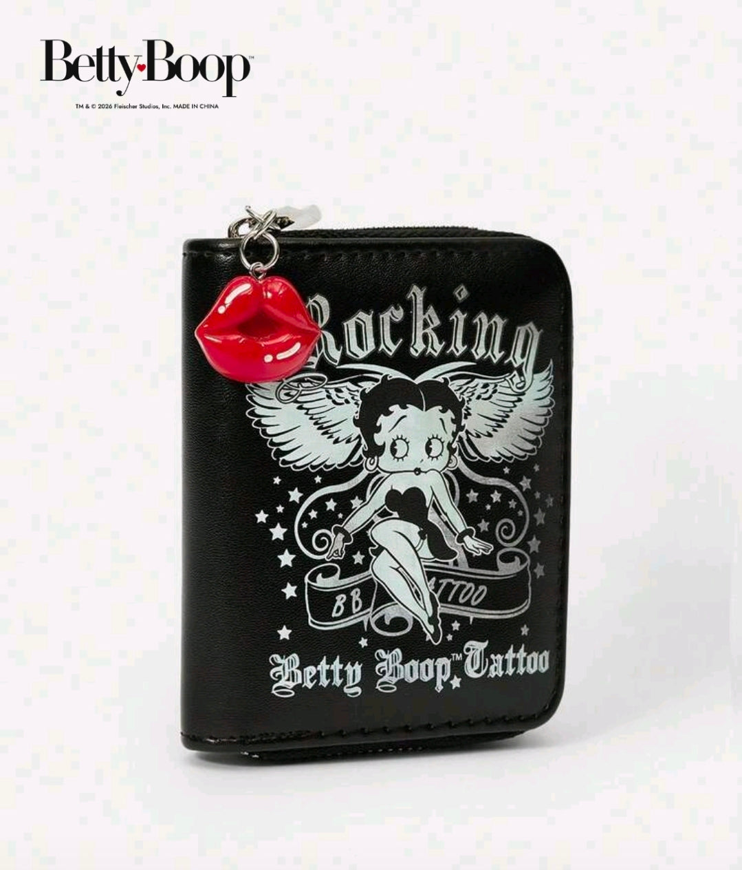 Black zip coin purse with Betty Boop tattoo illustration, red lips charm, and key ring