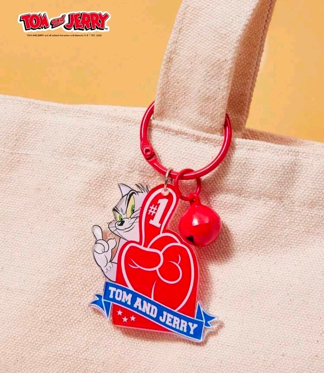Red #1 patriotic baseball keychain with metal bell on red key ring