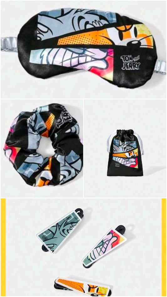 Satin sleep mask, scrunchie, pouch, and two hair clips with character prints