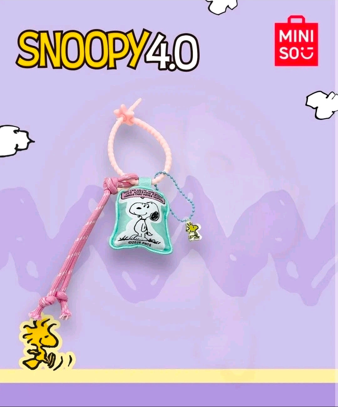 Miniso Snoopy Pillow Keychain Peanuts 4.0 Worry Quote Woodstock Charm Braided Wrist Strap Kawaii Collectible