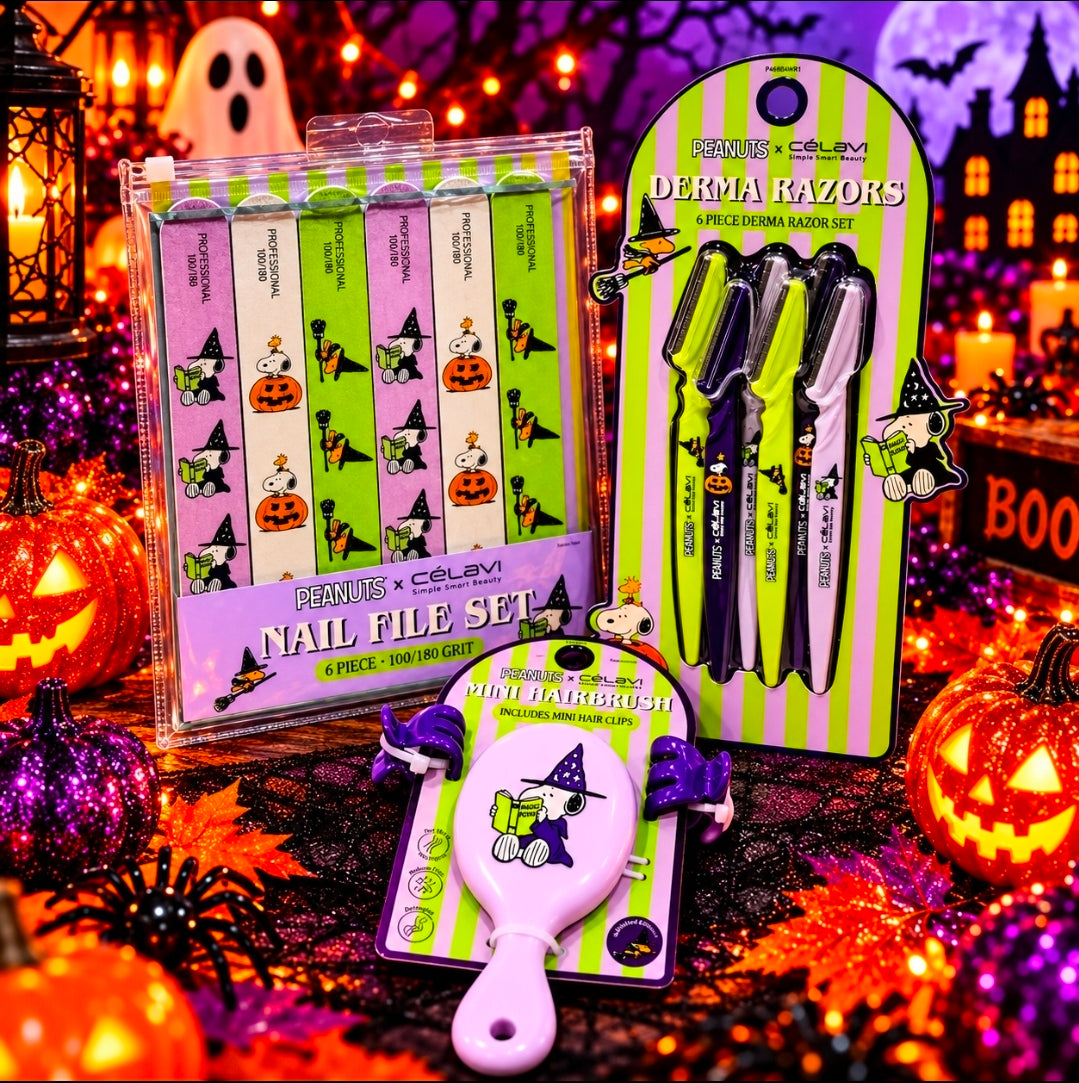 Halloween gift set with nail file set and derma razor set cards, Peanuts x Celavi.