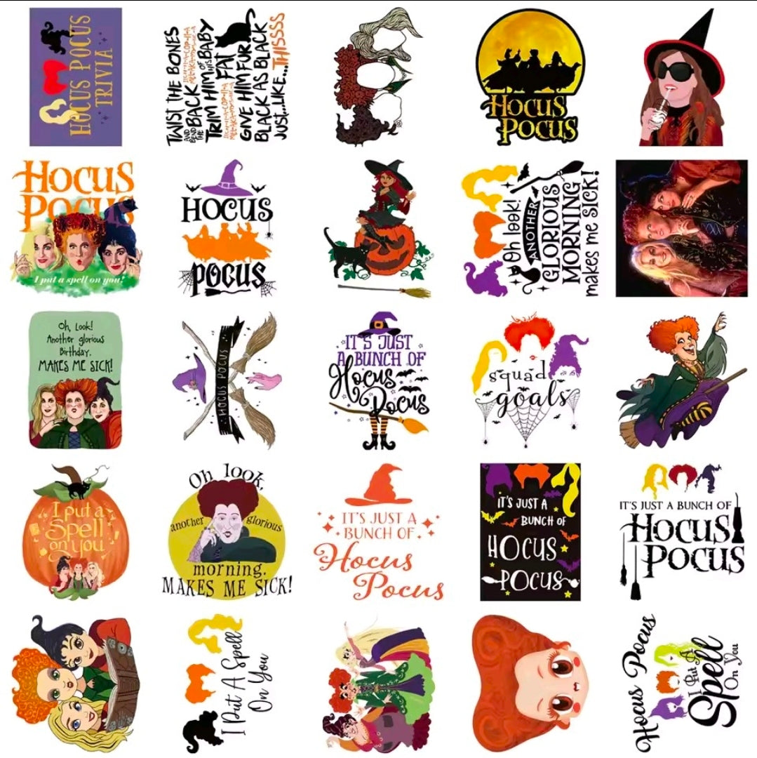 Assorted Hocus Pocus themed vinyl stickers, including character portraits, bats, and quote-style die cuts