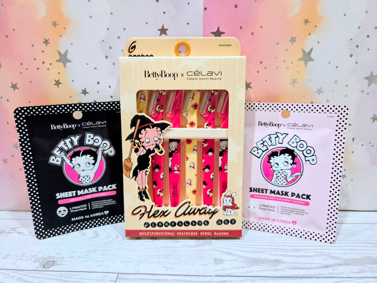 Celavi Betty Boop dermaplane razor set with two sheet mask packs