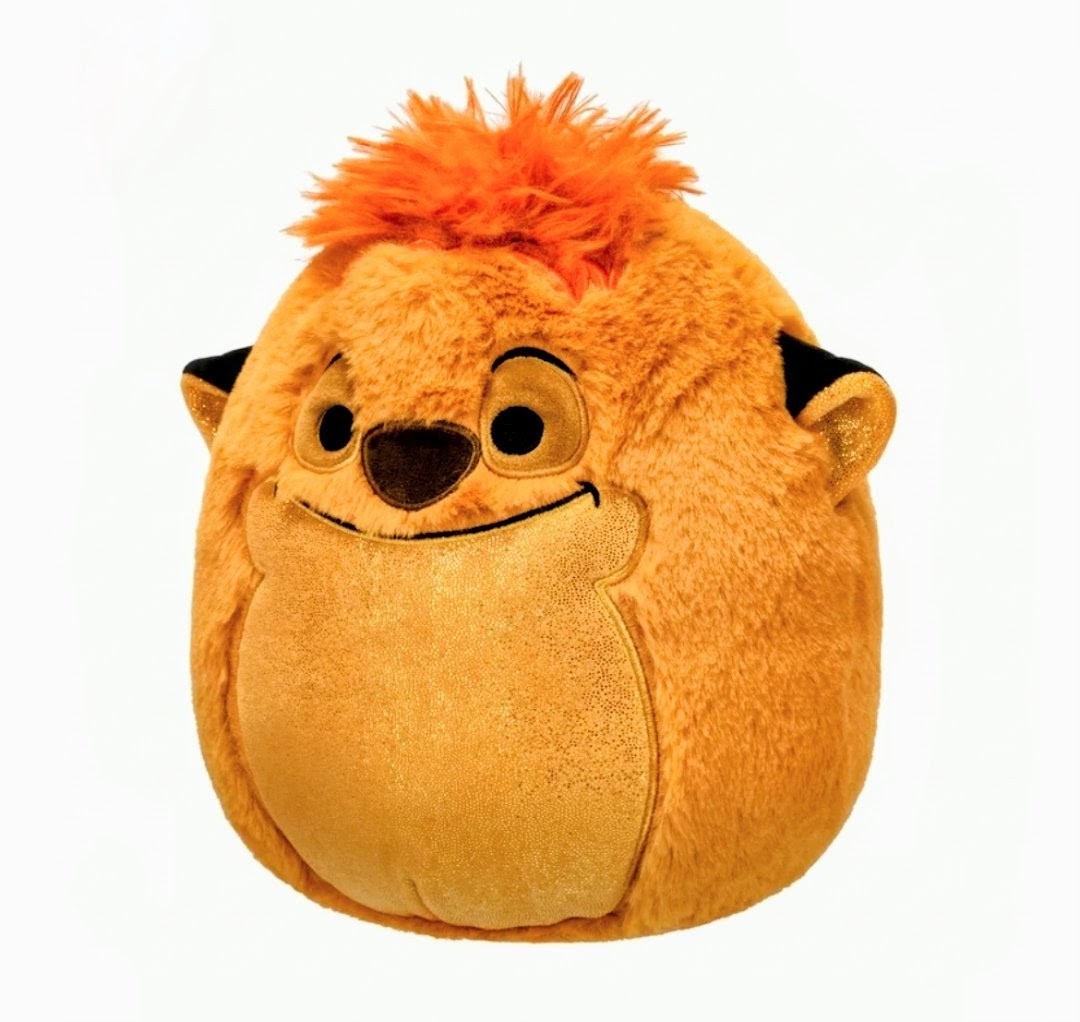 Orange Timon FuzzAMallow plush with smiling face, black ear accents, close front