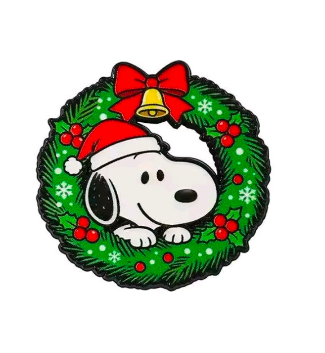 Snoopy Santa wreath enamel pin with green garland and red bow