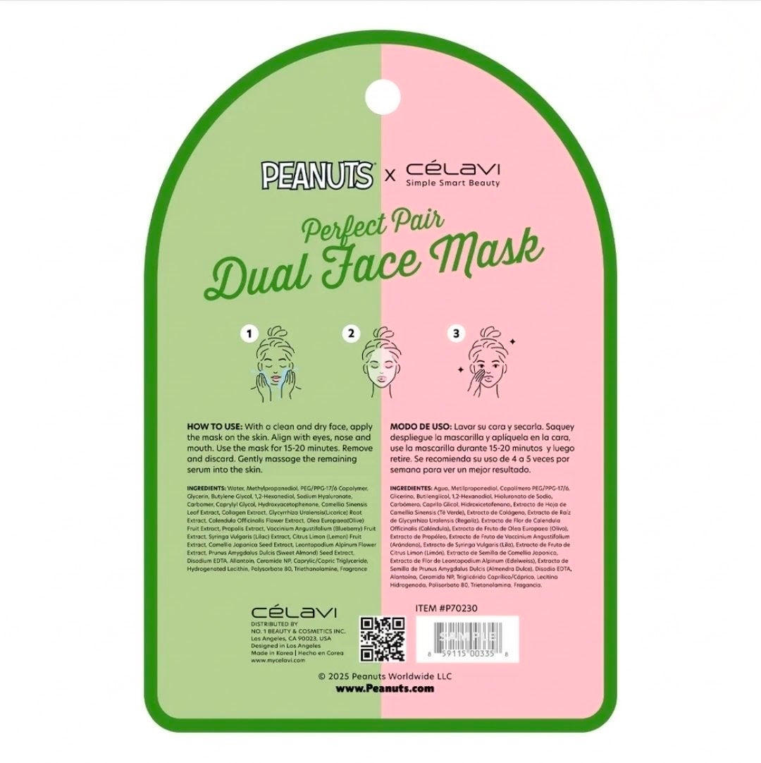 Peanuts x Celavi dual face mask package card with green and pink color blocks
